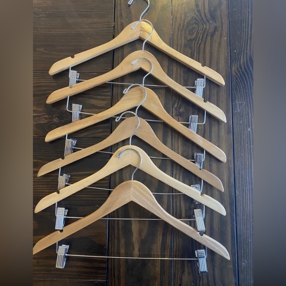 6 Wood 17 Inch Shirt Pant Hangers Beige Adjustable Clips